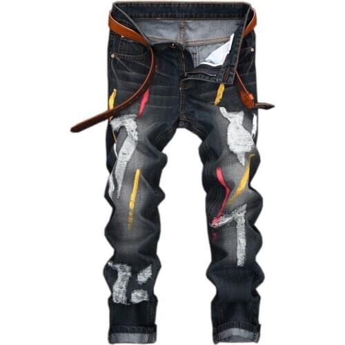 Young Mens Destroyed Stretchy Ripped Skinny Zipper Slim Fit Casual Pants Trousers Mens Jeans Men