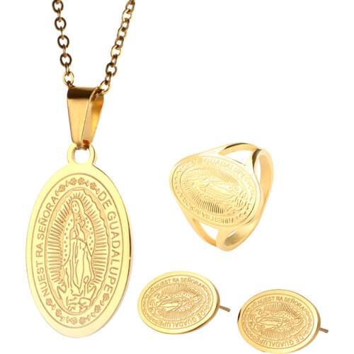 Gold Color Virgin Mary Jewelry Set Carved Oval Shape Pendant Necklace Stud Earrings For Woman Christmas Cross Jewelry Set Gift