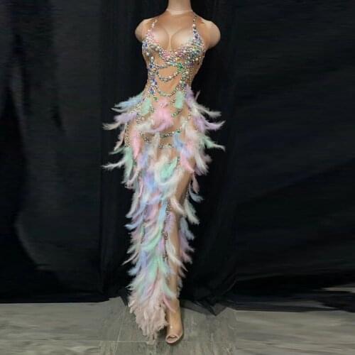 2020 New Multi-color Rhinestone Pearl Sequin Feather Slit Long Dress Prom Birthday Celebrate Dress Women Dancer Show Dress