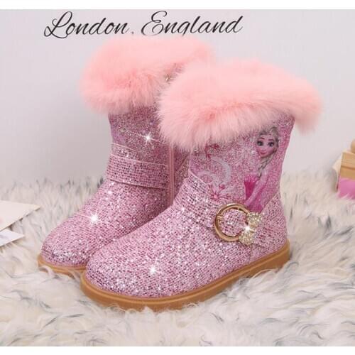 New Winter Children Cartoon Boots For Girl Frozen Elsa Princess Plush Snow Boots Fashion Sequins Baby Girls Boots Pink Blue