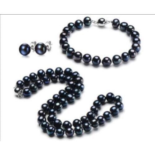 Charming 10-11 mm natural black pearl necklace bracelet earring set