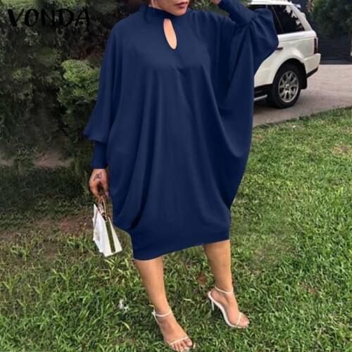 VONDA Women Dress 2021 Summer Spring Long Bat-Sleeve Solid Dresses Elegant Knee-Length Robe Ladies Bohemian Vestidos Oversized