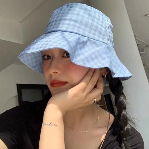 Designer Retro Blue Plaid Fisherman Hat Female Summer Outdoor Sun Shade Sun Hat 2021 New