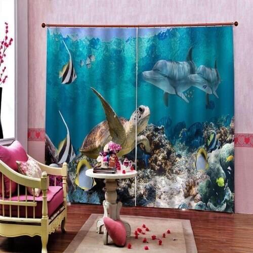 Turtle Fish Corals Dolphins Curtain Underwater World Childrens room Eco-Friendly Polyester Fabric Blackout Window Drapes Sets
