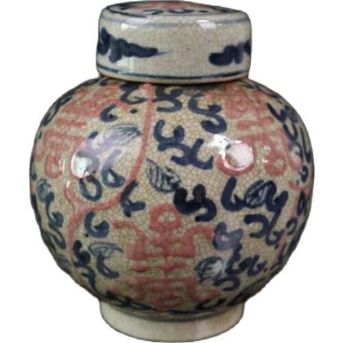 Blue and white glazed open piece porcelain pot with red longevity pattern