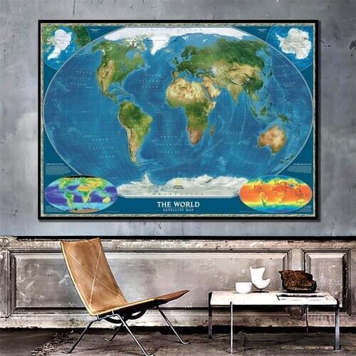150x100cm Satellite Map of The World Foldable Non-woven World Map With Biosphere And Surface Temperature