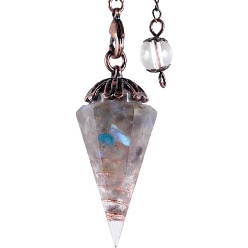 SUNYIK Chips Stone Hexagonal Point Pendulum Antique Color Chain Chakra Reiki Cone Pendule for Dowsing Wicca Divination