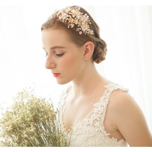 Floral Wedding Tiara Double Band Bridal Headband Crown Handmade Wedding Headpiece Hair Accessories