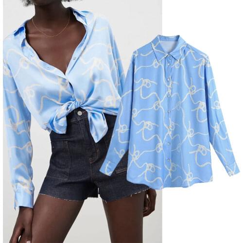 Nlzgmsj Za Shirts Women 2021 Spring Autumn Print Satin Shirts Woman Vintage Long Sleeve Turn Down Collar Ladies Tops 202106