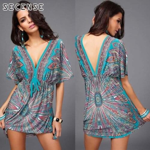 Womens Floral Printed Soft Casual Sexy Deep V-Neck Mini Dress Large Size Beach Party Summer Boho Elegant Dresses Fashion