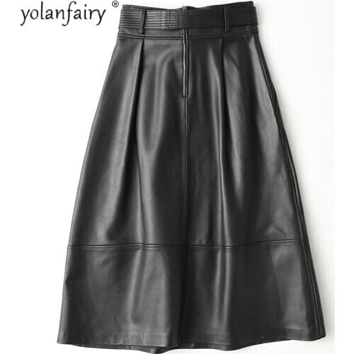 YOLANFAIRY Real Leather Skirt Women Sheepskin Midi Skirt Spring Autumn Skirts Womens Korean Style Plus Size 2020 Mujer Faldas
