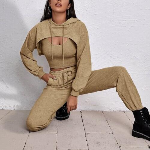 Women 3 Piece Joggers Tracksuit Solid Sport Causal Long Sleeve Crop Hooded Top And Camis And Pants Female Sportswear Set Autumn