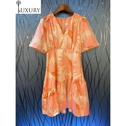 2020 Top Quality Cotton Summer Women V-Neck Sunflower Print Short Sleeve Slim Fitted A-Line Dress Sweet Cute Vestidos