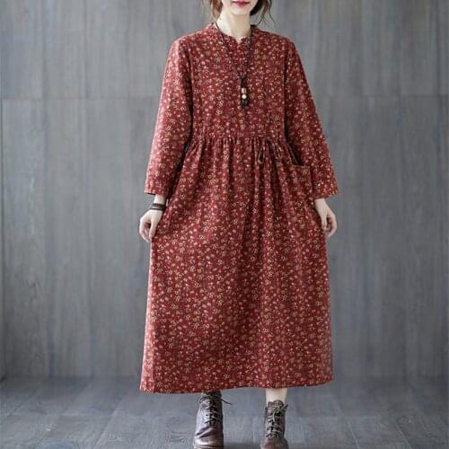 Uego 2021 Long Sleeve New Spring Dress Print Floral Prairie Chic Linen Cotton Dress Pockets Loose Women Casual Long Autumn Dress