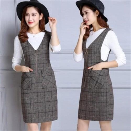 Women Dress spring New womens plaid strap dress female V-neck long section of the fashion dress female