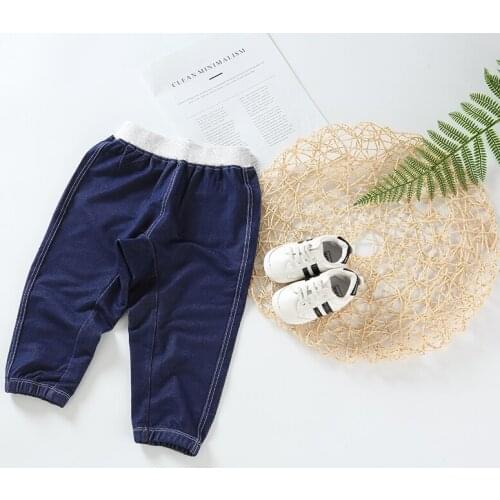 Baby long pants knitted denim blue autumn and winter trouser high elasticity waistband casual pants soft garment back pockets