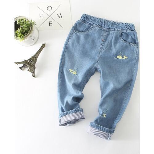 Spring Summer New Boys Girls Soft Tencel Denim Jeans Kids Cotton Embroidery Jeans Child Comfortable Thin Trousers