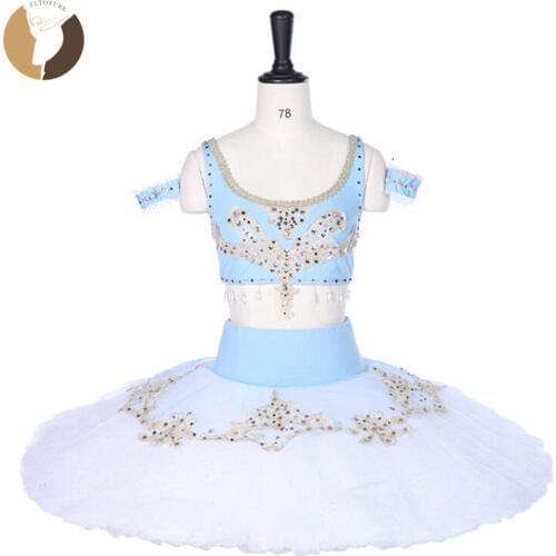 FLTOTURE Adult Professional Ballet Tutu Two-Pieces Pancake Platter Sky Blue White Color Classical Stage Costumes Le Corsaire