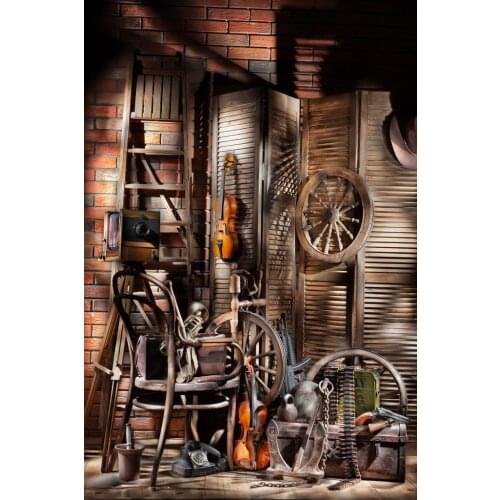 West Cowboy Backdrop Old Barn Vintage Wheel Wood Ladder Guitar Hat Wood Plank Golden Wheat Interior Photography Background