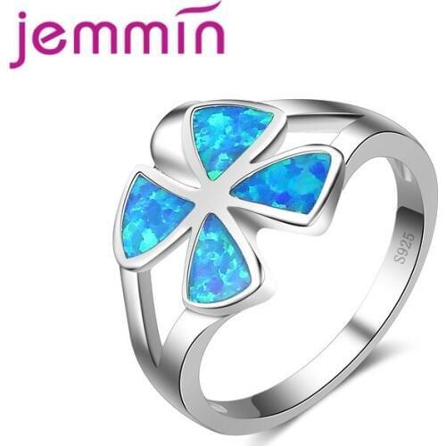 Blue Fire Opal Ring Four Leaf Clover Shaped Rings 925 Sterling Silver Jewelry Fine Jewelry For Women & Girl
