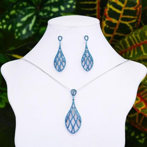 LARRAURI New Design Jewelry Super CZ 2PCS Romantic Luxury Blue Purple Shiny Drop Pendant Earrings Necklace Jewelry Sets