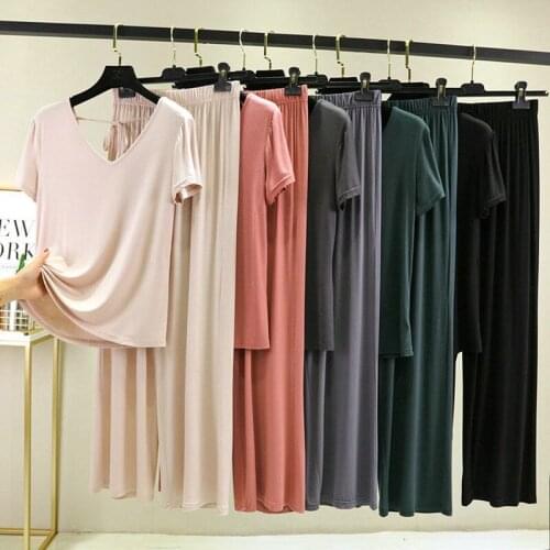 Fashion New Sexy Backless Pajamas Women Short Sleeve Trousers Set Modal V Neck Ladies Sleepwear Pijamas 2021 Pyjama Femme