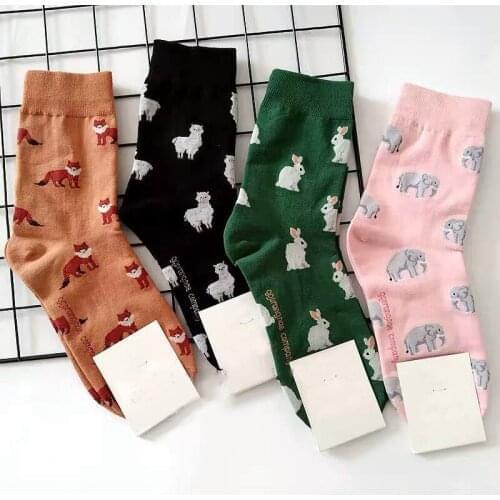 Korea Cartoon Lovely Animals Rabbit Fox Elephant Alpaca Animal Sock Cute Needles Knitting Women Casual Cotton Soxs 4 Seasons