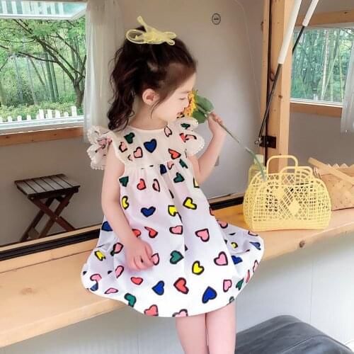 2021 new girls flying sleeve love dress princess summer childrens clothing toddler girls casual wear