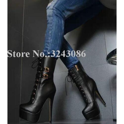 New Black Leather Lace-up Platform Ankle Boots Women Sexy Ankle Buckles Stiletto Heel Short Boots Fashion Lady Winter Boots