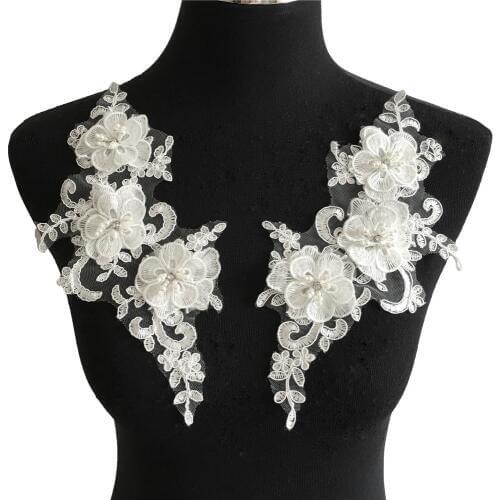 New arrive White 3D flower Embroidery Applique Lace Fabric Venise Sewing DIY Trim ABS pearl Lace Collar for Dresses Accessories