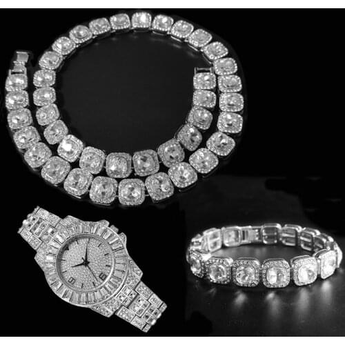 3pcs Kit 12.5MM Prong Micro Hip Hop Pave Cubic Zircon Alloy Tennis Chain Necklace +Watch+Bracelet For Men Women Jewelry