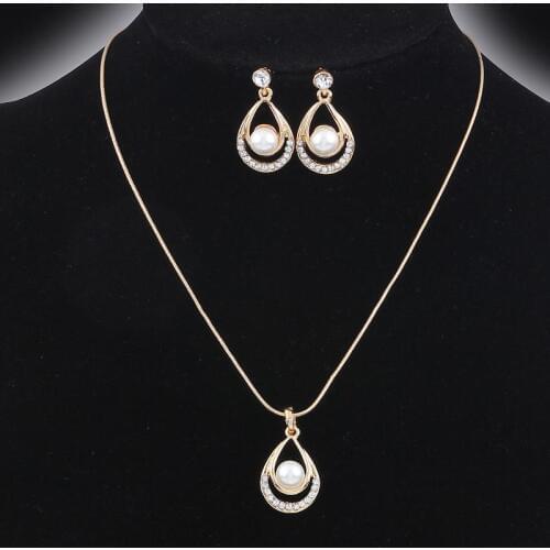 Valentine Day Gifts Gold Color Simulated Pearl Water Drop Crystal Pendant Necklace Earrings Wedding Jewelry Sets For Women