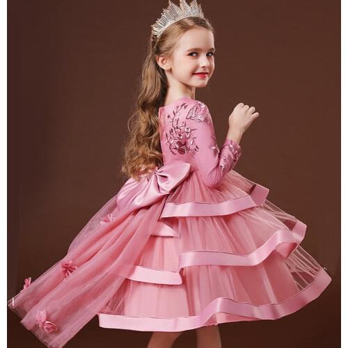 Long Sleeve Tail Flower Princess Dress Evening Children Clothes Bridesmaid Girl Dress for Party Wedding Girl Dresses 10 12 Years