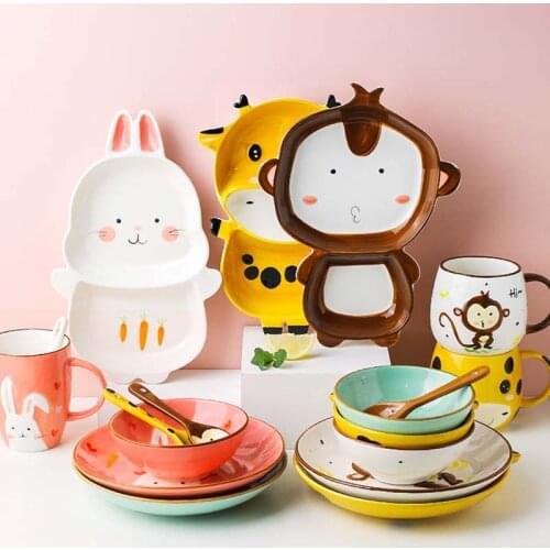 Посуда Childrens Bowl Ceramic Cute Animal Cartoon Rice Bowls Breakfast Vajilla Completa De Platos Divided Plate Tableware Set