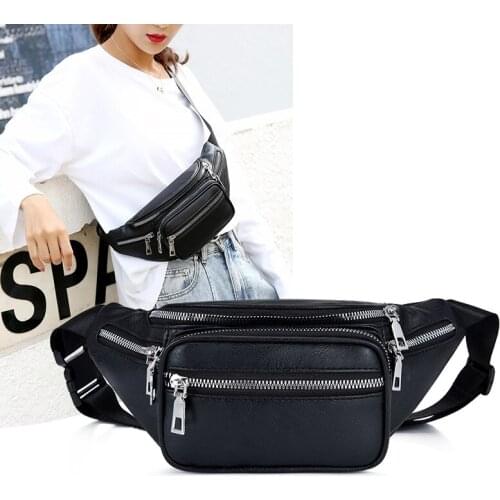 Unisex PU Leather Waist Pack Women/Men Lightweight Waist Bag Crossbody Sling Backpack with Adjustable Belt Black