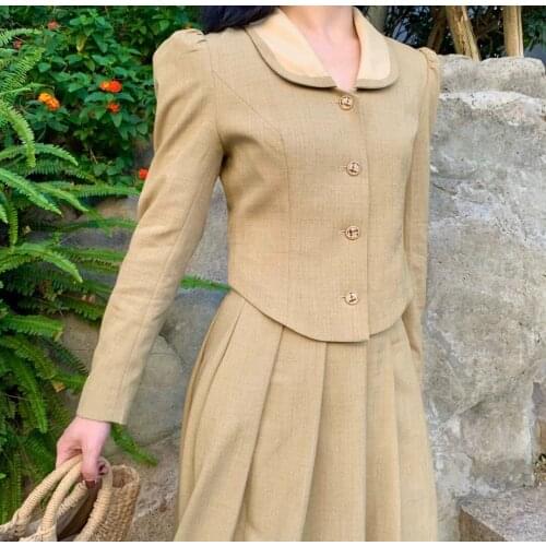 French Retro Temperament Professional Suit Jacket + Pleated Skirt Suit Solid Color Lapel Single Breasted Elastic Band Elegant