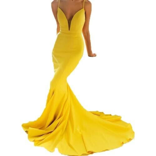 Sexy Yellow Evening Dresses Ever Pretty Deep V-Neck Straps Sleeveless Evening Party Gowns Vestido De Festa