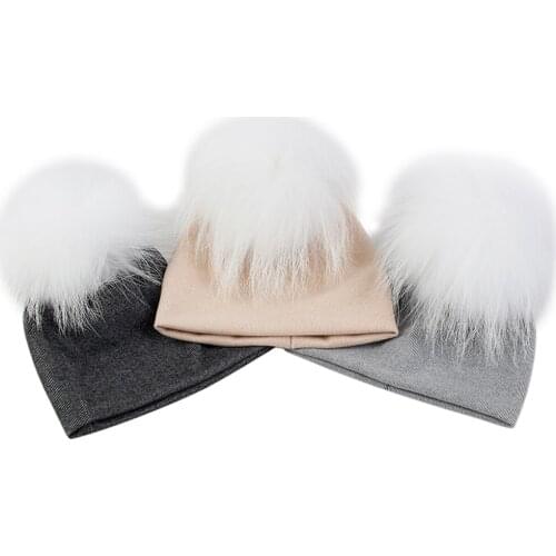 Lovely Toddler Real Fur Pompm Hat Infant Baby Girls Hats Skull Cap Cotton Soft Skullies For Winter Autumn Warm Newborn Caps