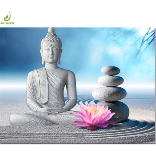 JHLJIAJUN Modern Sandstone Flower Peace Minimalist Buddha Canvas Painting Wall Art Picture Dining Living Room Home Decor