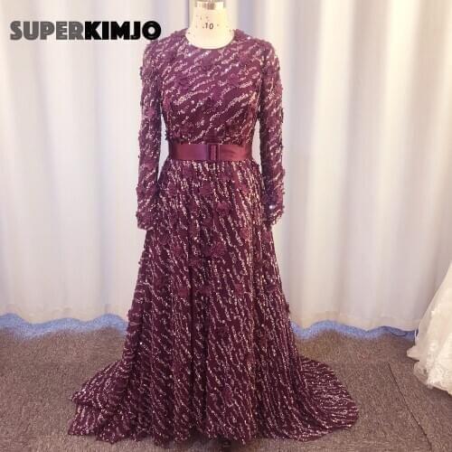 SuperKimJo 2020 Deep Purple Prom Dresses Long Sleeve Vintage Elegant 3D Flowers Beaded Prom Gown Vestidos Largos De Fiesta
