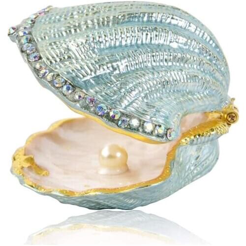 Vintage Pearl Mussel Hinged Trinket Box Wedding Ring Holder Metal Seashell Figurine