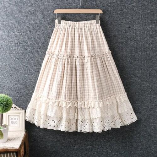 New Spring Autumn Women Cotton linen Plaid Skirt Mori Girl Elastic Waist Embroidery Lace Skirt Women