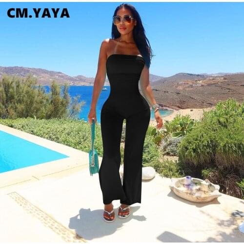 CM.YAYA Women Jumpsuit Solid Sleeveless Strapless Bandage Backless Stretchy Wide Leg Jumpsuits Sexy Fashion Outfits Summer 2021