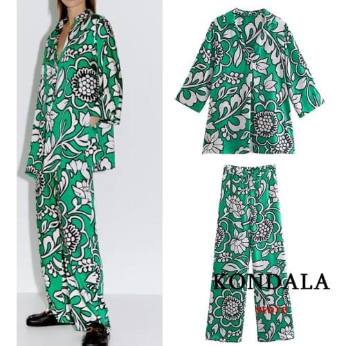 Za 2021 Chic Green Floral Vintage Women Suit Oversized V Neck Loose Women Shirt and High Waist Wide Leg Pants Autumn Casual Sets