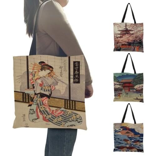 2021 Women Ladies Tote Bag Handbag Classic Japanese Mount Fuji Scenery Wave Kabuki Print Large Shopping Bags for Supermarket