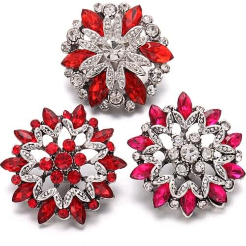 6pcs/lot New Christmas Snap Jewelry Red Rhinestone 18mm Flower Snap Buttons Fit Leather Snap Button Bracelet Necklace