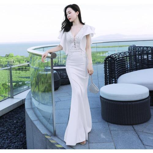 Beauty-Emily Ruffles V Neck Evening Dress Long Mermaid Lace Beads Satin Formal Sexy Party Dress 2020 Prom Gowns Vestido de noche