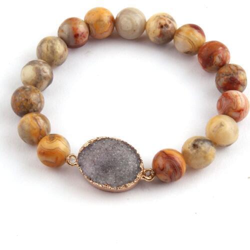 Free Shipping 10mm Natural Stones Bead Armband Bamboo Agat and Crazyagatte Druzy Charm Bracelet