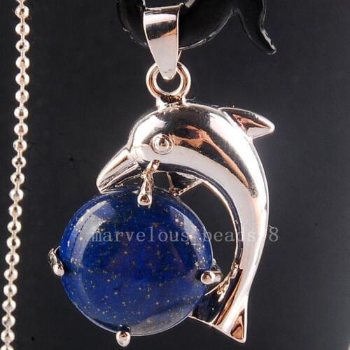 Free Shipping Beautiful jewelry Natural Lapis Lazuli Round Dolphin Ball Round Women Men Pendant Necklace With chain PC3885