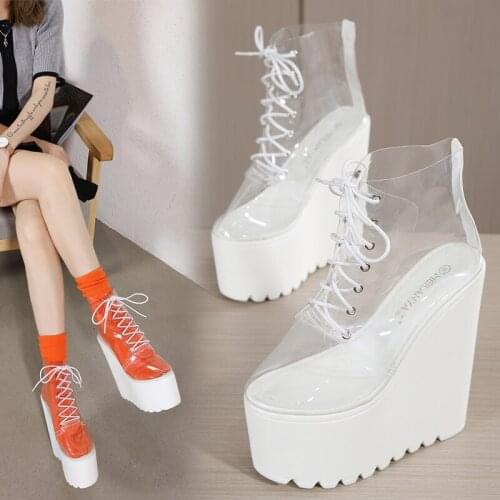 Summer Ankle Boots Women Party Shoes White Platform Heels Shoes Peep Toe PVC lace-up High Heels Women Boots Street Styler